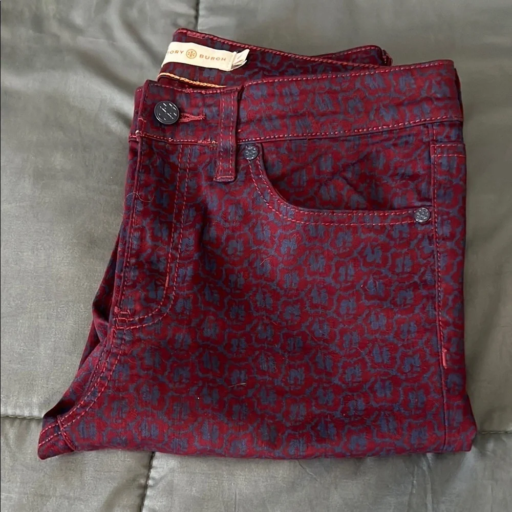 Tory Burch Burgundy/Blue Patterned Jeans Size 27